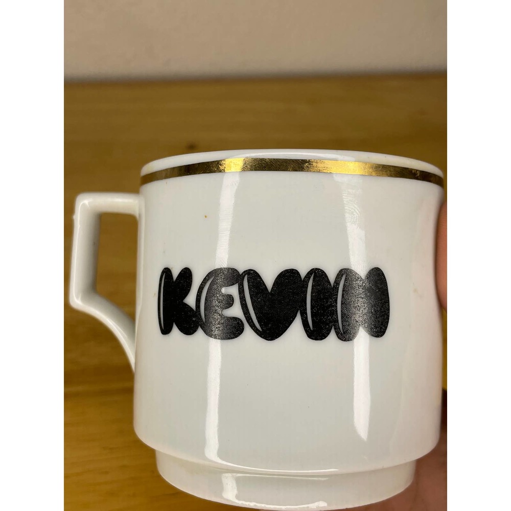 Rare Vintage Kevin Coffee Mug Cup Gold Rimmed Porcelain Angled Handle